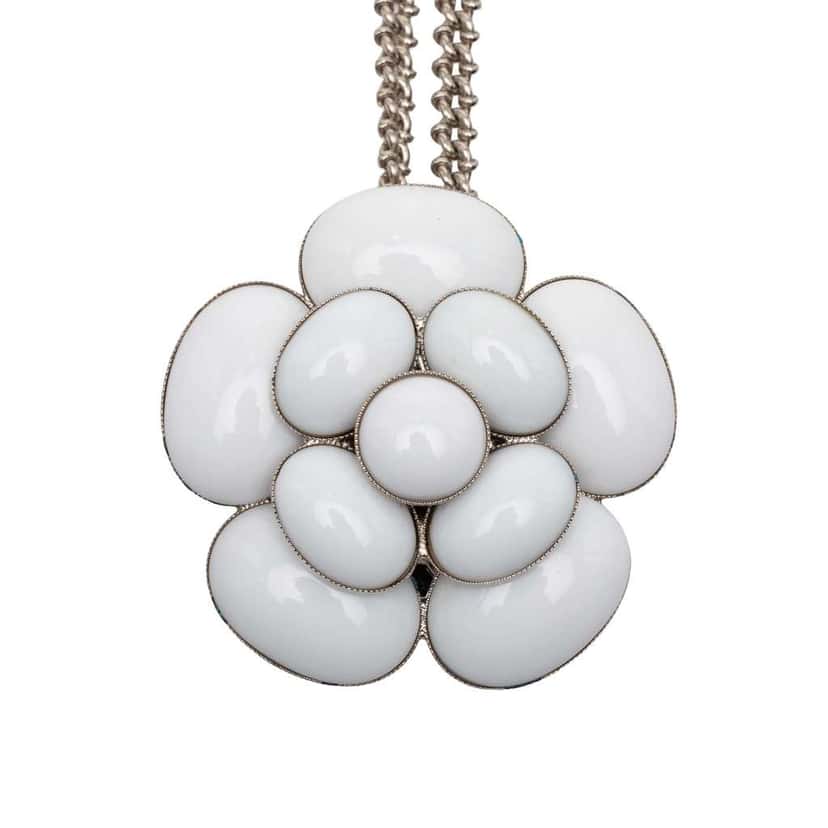 Chanel CC Silver Plated Enamel Camellia Pendant Necklace Silver Metal Very good condition - Box View