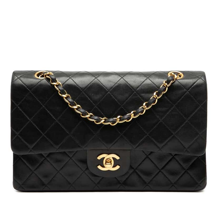 Chanel Medium Classic Lambskin Double Flap Black Leather Good condition - Front View