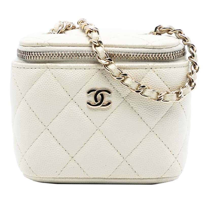 Chanel Mini CC Quilted Caviar Vanity Case with Chain White Leather Very good condition - Front View