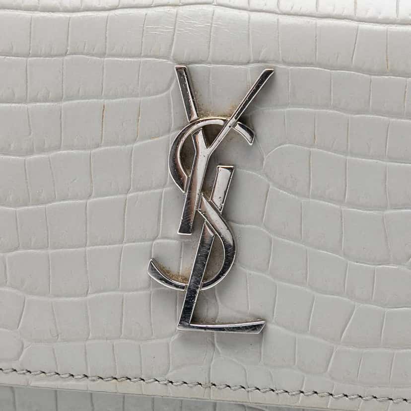 Saint Laurent Mini Croc Embossed Leather Monogram Sunset Wallet on Chain Grey Leather Very good condition - Box View