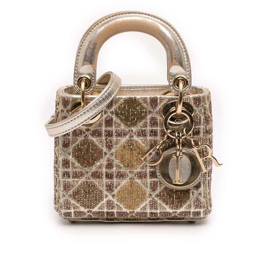 Dior Micro Metallic Calfskin Cannage Beaded Lady Dior Gold Leather Good condition - Front View