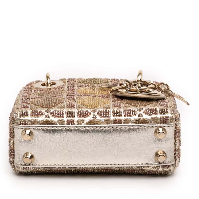 Dior Micro Metallic Calfskin Cannage Beaded Lady Dior Gold Leather Good condition - Inside View