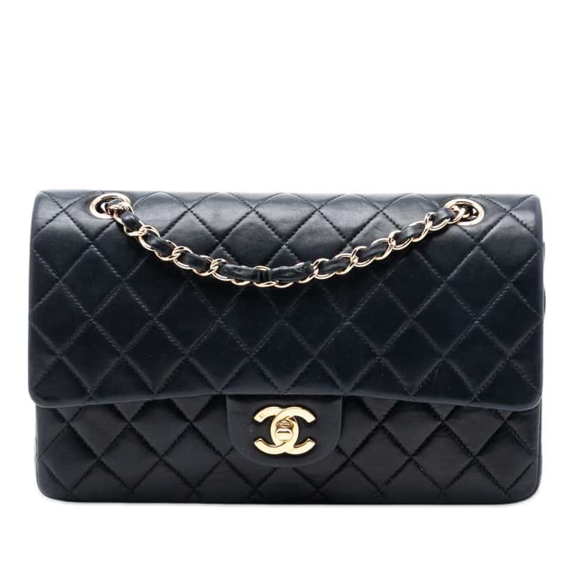 Chanel Medium Classic Lambskin Double Flap Black Leather Good condition - Front View