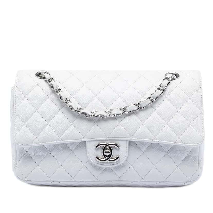 Chanel Medium Classic Caviar Double Flap White Leather Very good condition - Front View
