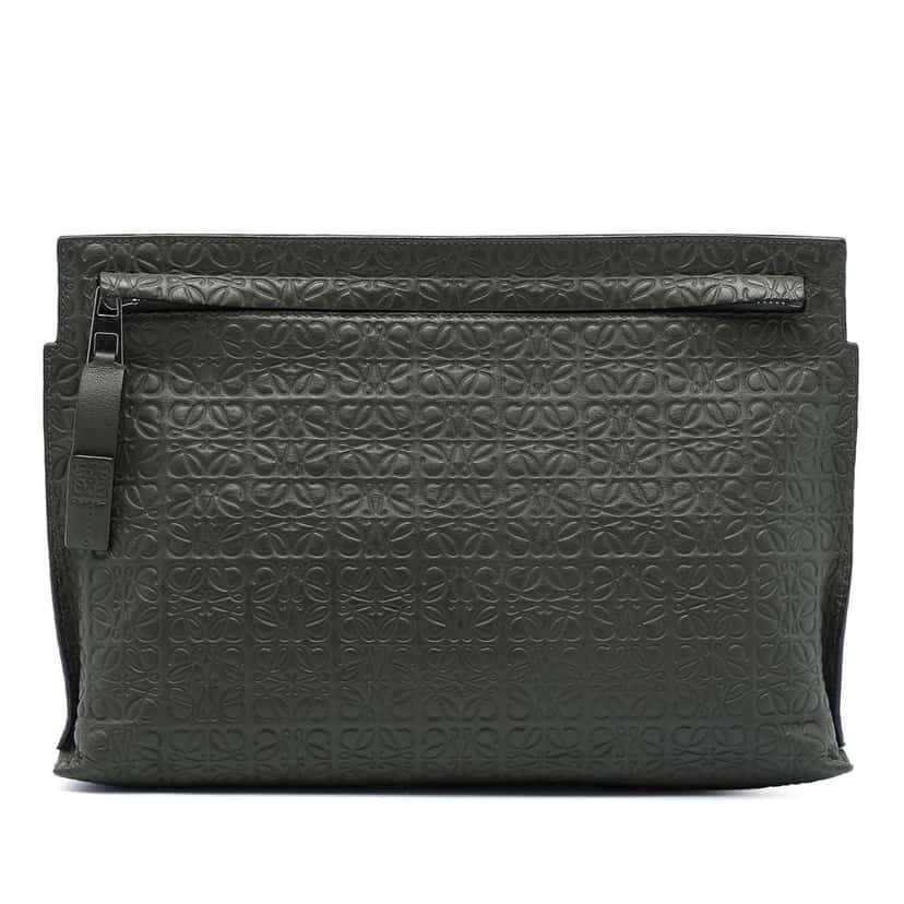 Loewe Embossed Leather Anagram Repeat T Clutch Green Leather Good condition - Front View