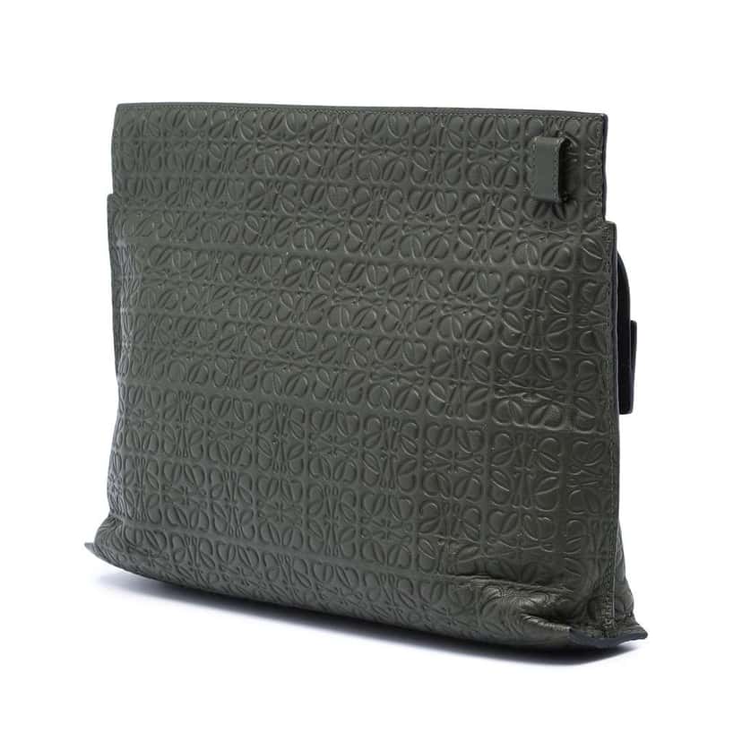 Loewe Embossed Leather Anagram Repeat T Clutch Green Leather Good condition - Back View