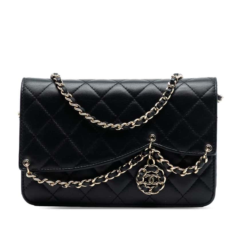 Chanel Quilted Lambskin CC Charm Wallet on Chain Black Leather Very good condition - Front View