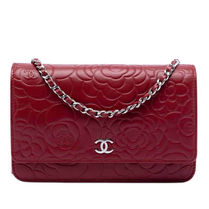Chanel CC Embossed Lambskin Camellia Wallet On Chain Red Leather Good condition - Front View