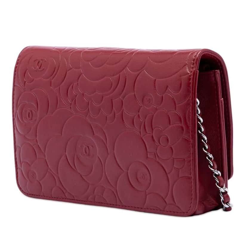 Chanel CC Embossed Lambskin Camellia Wallet On Chain Red Leather Good condition - Back View
