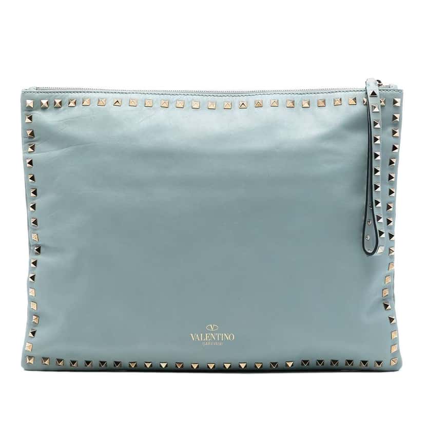 Valentino Large Leather Rockstud Clutch Blue Leather Very good condition - Front View