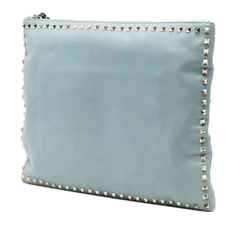 Valentino Large Leather Rockstud Clutch Blue Leather Very good condition - Back View