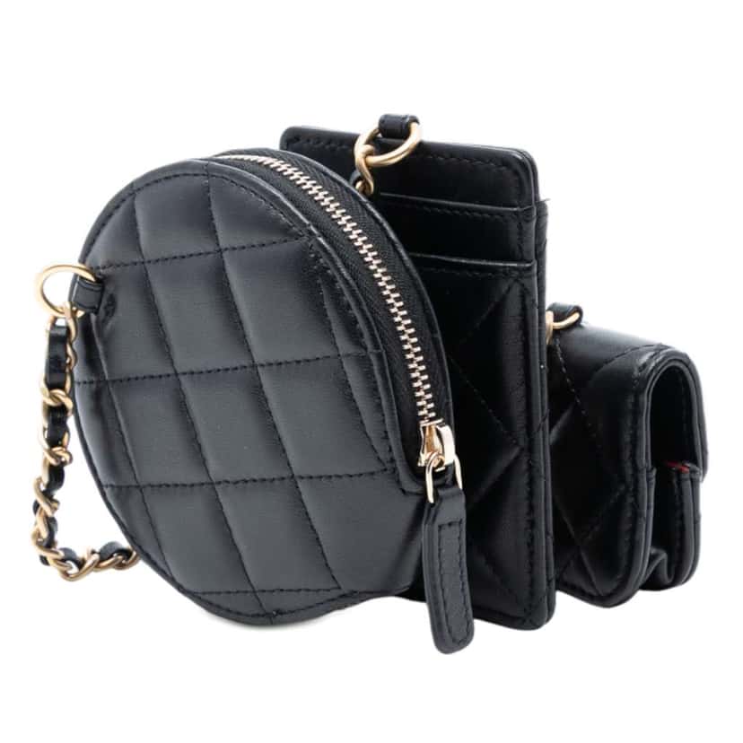 Chanel Quilted Lambskin Pearl Crown CC Wristlet Multi Pouches Black Leather Very good condition - Back View