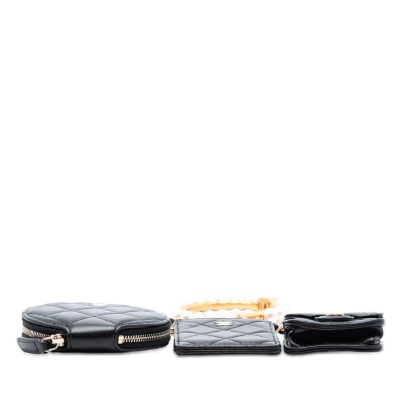 Chanel Quilted Lambskin Pearl Crown CC Wristlet Multi Pouches Black Leather Very good condition - Inside View