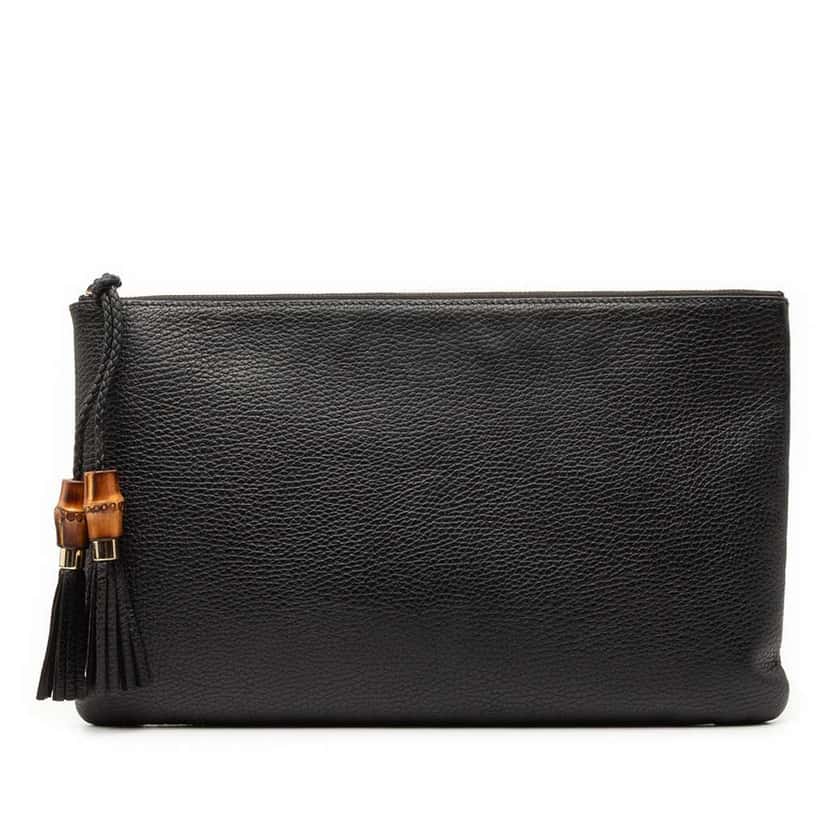 Gucci Calfskin Bamboo Tassel Clutch Black Leather Very good condition - Front View