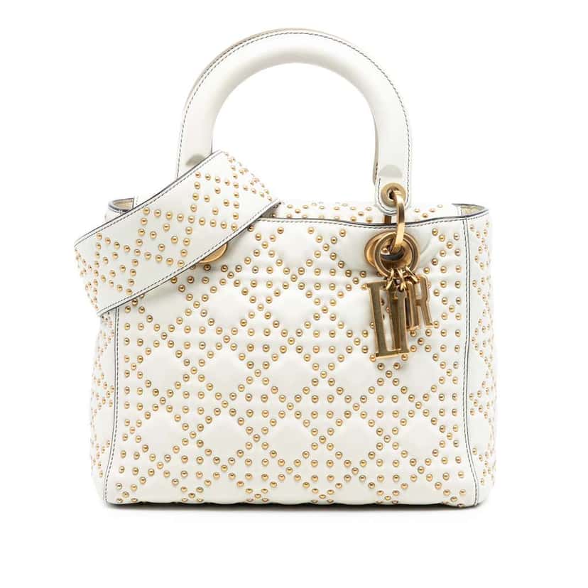Dior Medium Lambskin Cannage Studded Supple Lady Dior White Leather Very good condition - Front View
