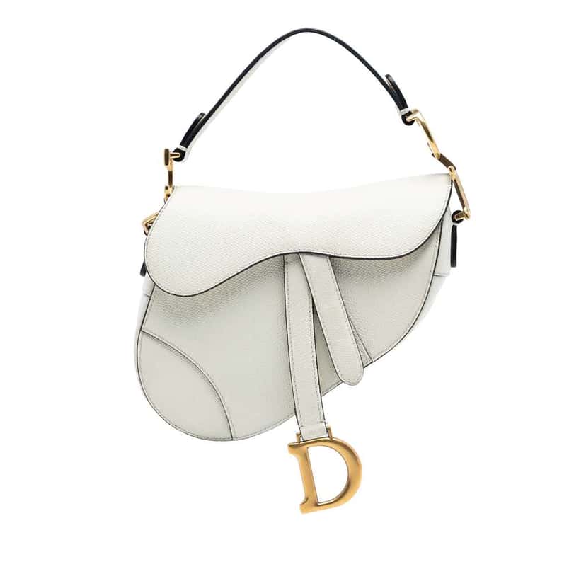 Dior Mini Grained Calfskin Saddle Bag White Leather Very good condition - Front View