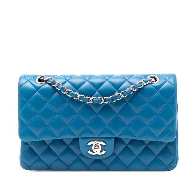 Chanel Medium Classic Lambskin Double Flap Blue Leather Very good condition - Front View