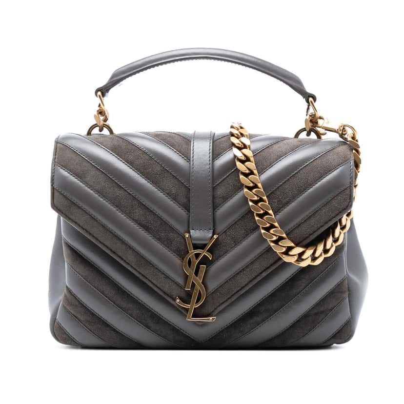 Saint Laurent Medium Calfskin and Suede Chevron Monogram College Satchel Grey Leather Good condition - Front View