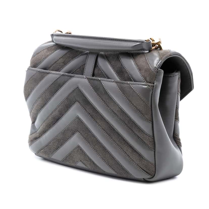 Saint Laurent Medium Calfskin and Suede Chevron Monogram College Satchel Grey Leather Good condition - Back View