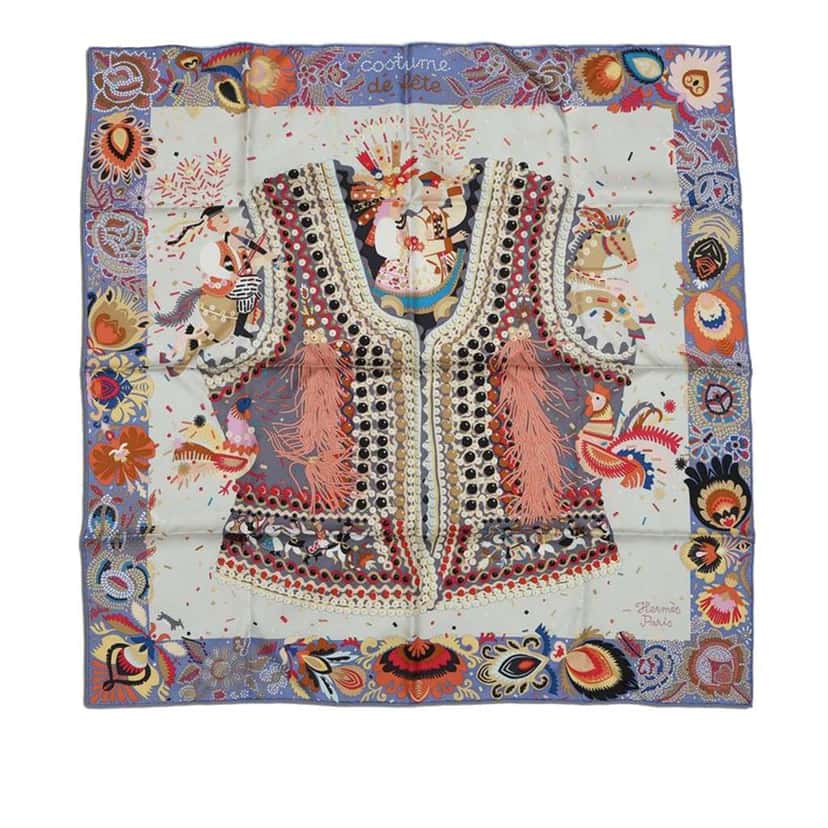 Hermès Costume de Fete Silk Scarf 90 Brown Silk Good condition - Front View