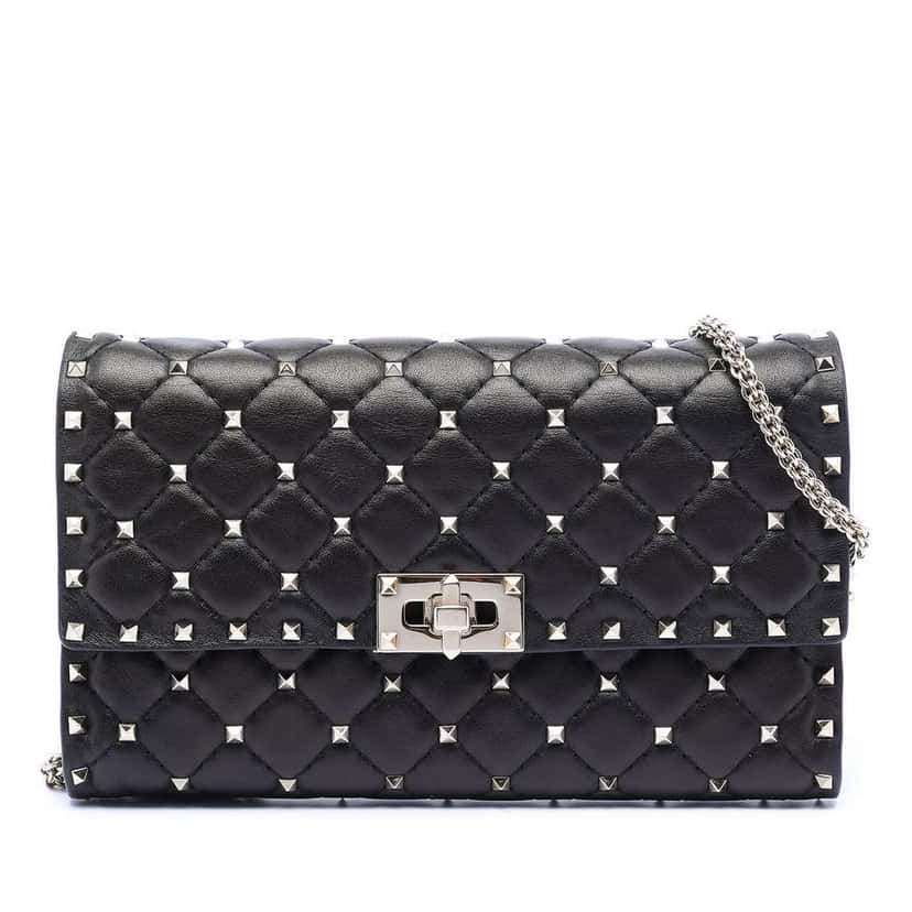 Valentino Nappa Rockstud Spike Wallet On Chain Black Leather Good condition - Front View