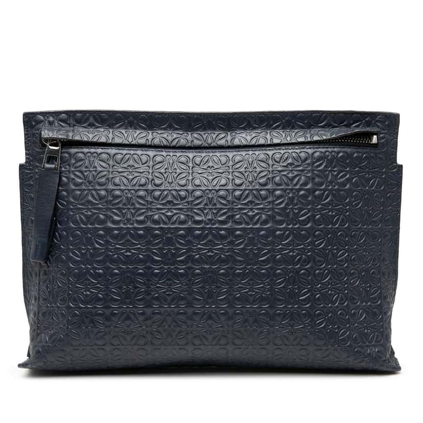 Loewe Embossed Anagram Leather Repeat T Clutch Blue Leather Very good condition - Front View