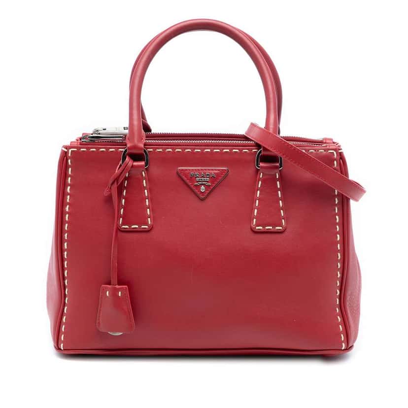 Prada Small City Calf Hand Stitched Galleria Double Zip Satchel Red Leather Very good condition - Front View