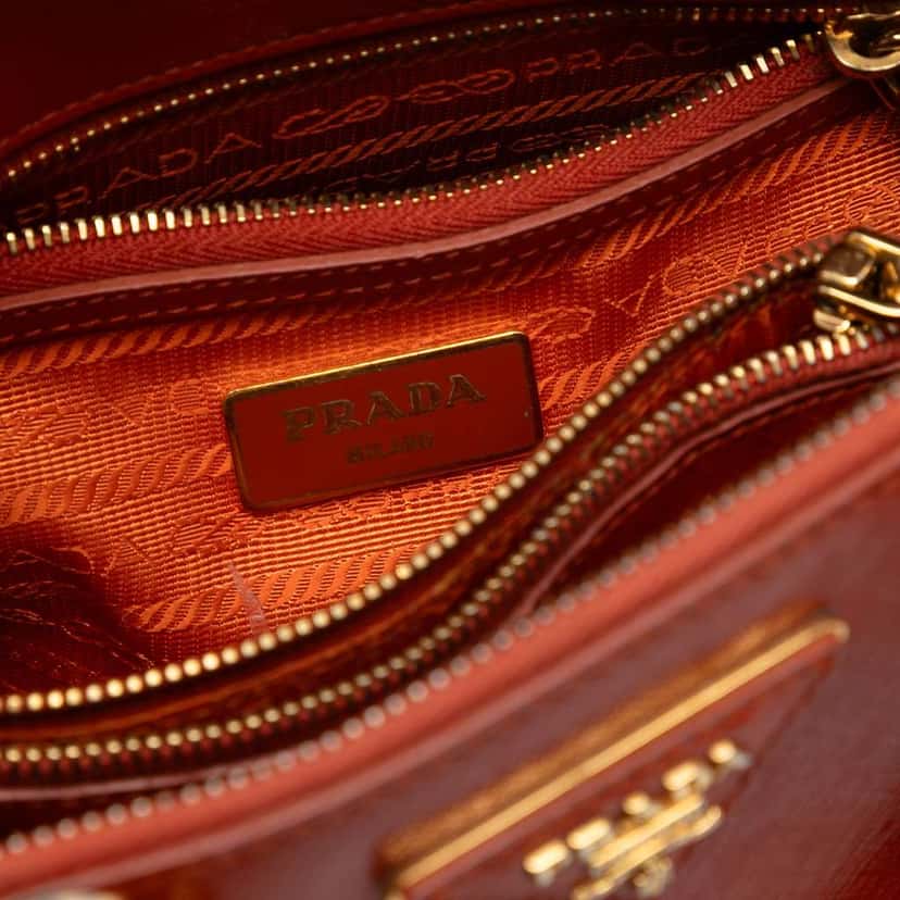 Prada Small Saffiano Vernice Promenade Satchel Orange Leather Good condition - Box View