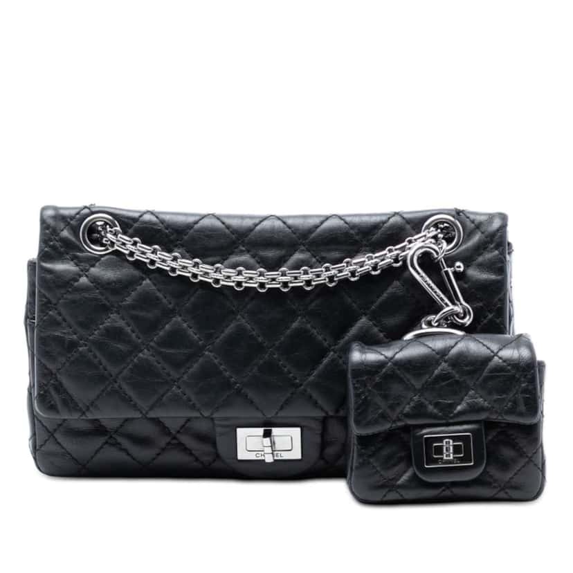 Chanel Quilted Aged Calfskin Reissue 2.55 Double Flap 225 with Mini Pouch Black Leather Good condition - Front View