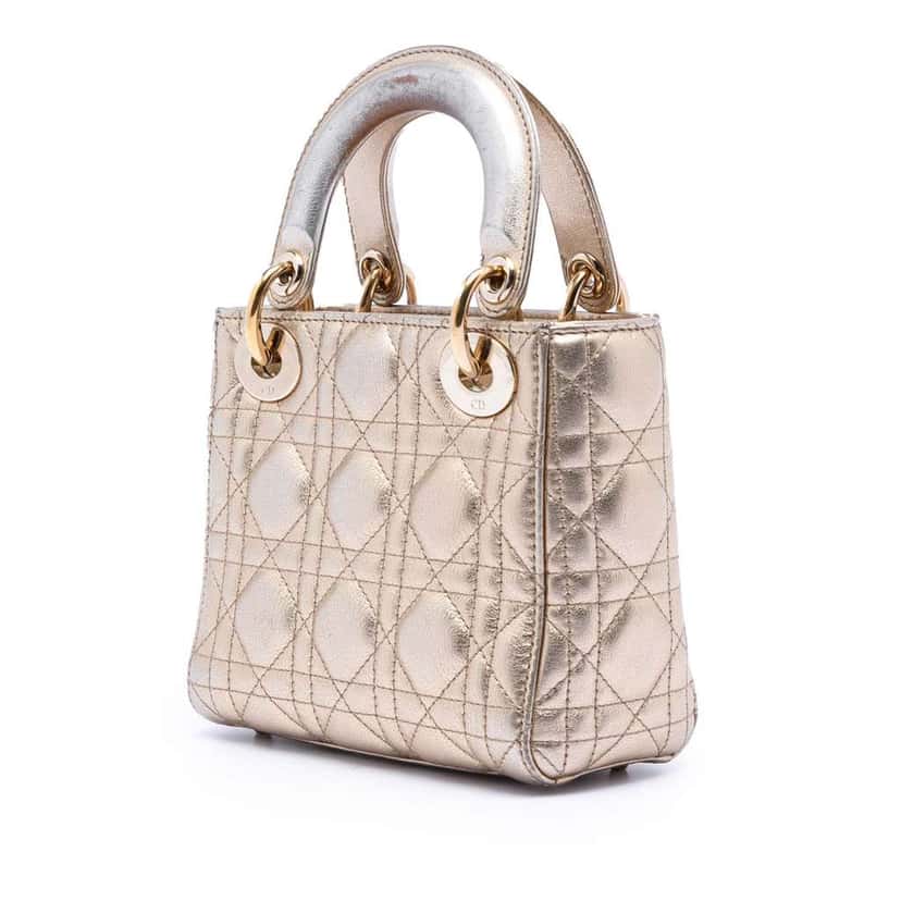 Dior Mini Metallic Lambskin Cannage Lady Dior Gold Leather Very good condition - Back View
