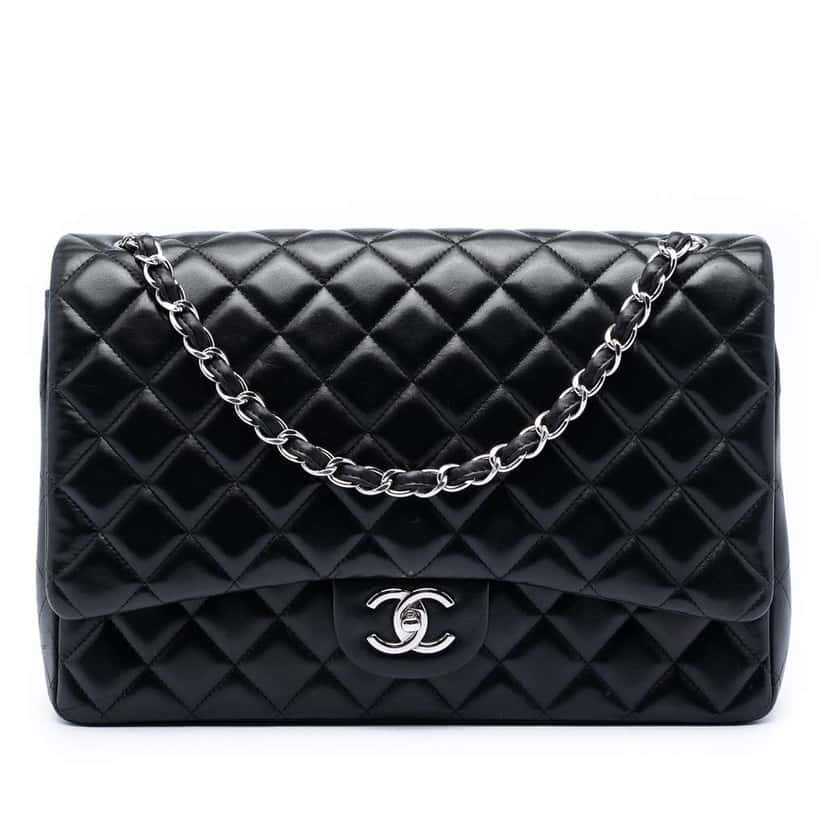 Chanel Maxi Classic Lambskin Double Flap Black Leather Very good condition - Front View