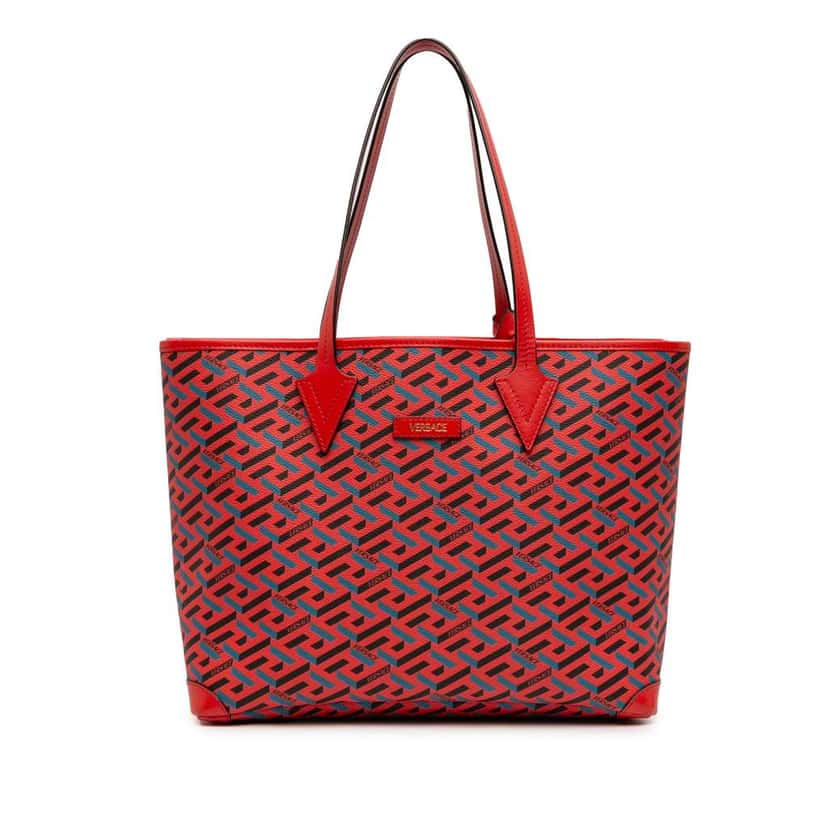 Versace Coated Canvas La Greca Tote Red Canvas Very good condition - Front View