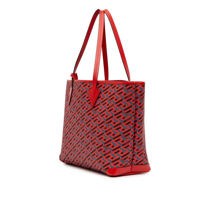 Versace Coated Canvas La Greca Tote Red Canvas Very good condition - Back View