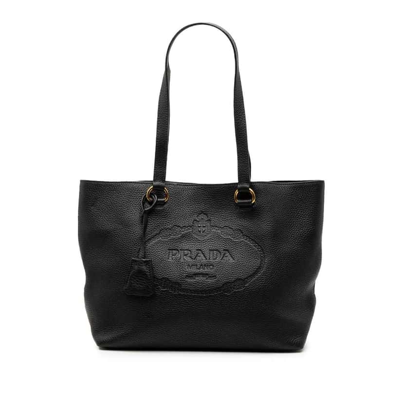 Prada Vitello Daino Embossed Logo Tote Black Leather Good condition - Front View