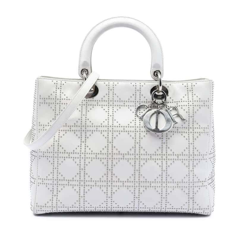 Dior Large Calfskin Cannage Studded Lady Dior White Leather Very good condition - Front View