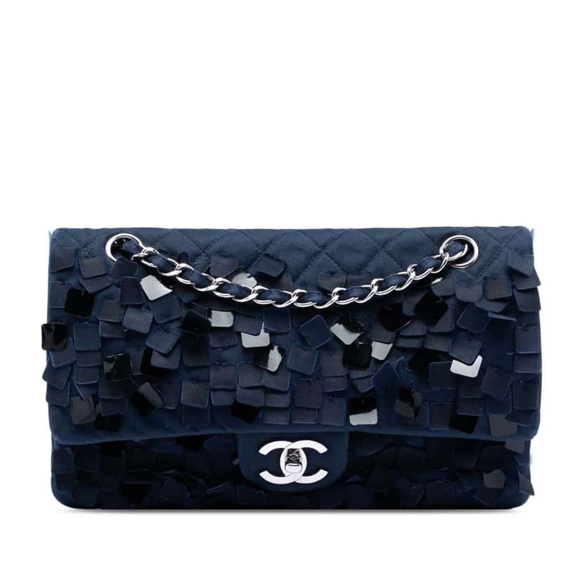 Chanel Medium Classic Satin Paillette Embellished Double Flap Blue Satin Good condition - Front View