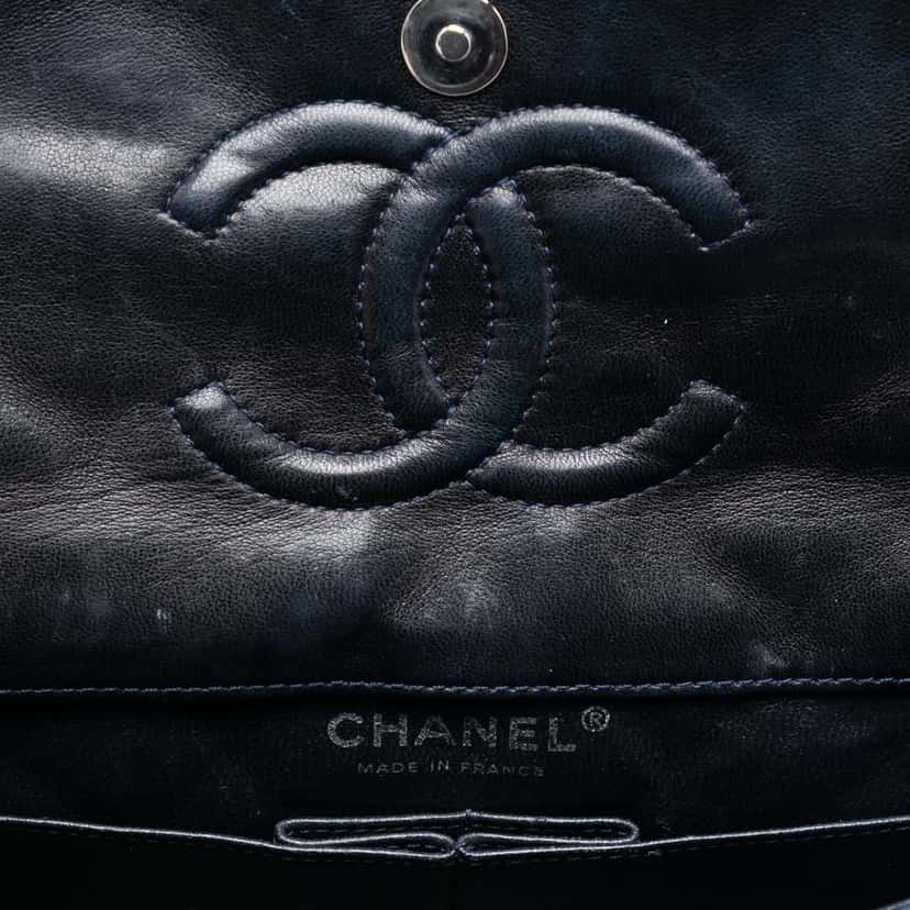 Chanel Medium Classic Satin Paillette Embellished Double Flap Blue Satin Good condition - Box View