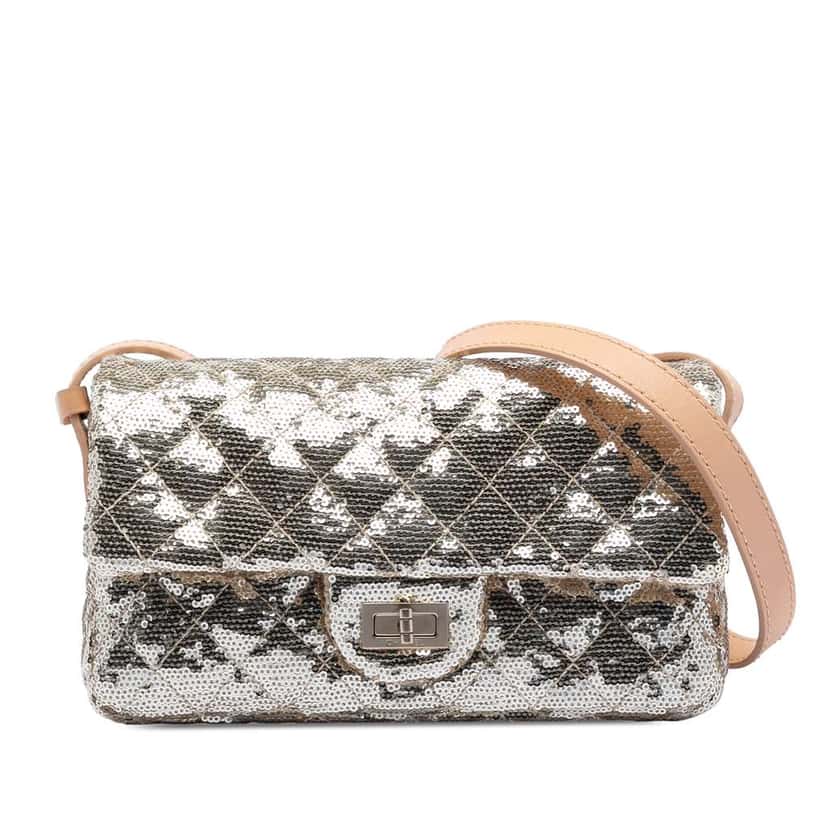 Chanel Quilted Sequined Raffia Easy Reissue 2.55 Single Flap 225 Silver Good condition - Front View