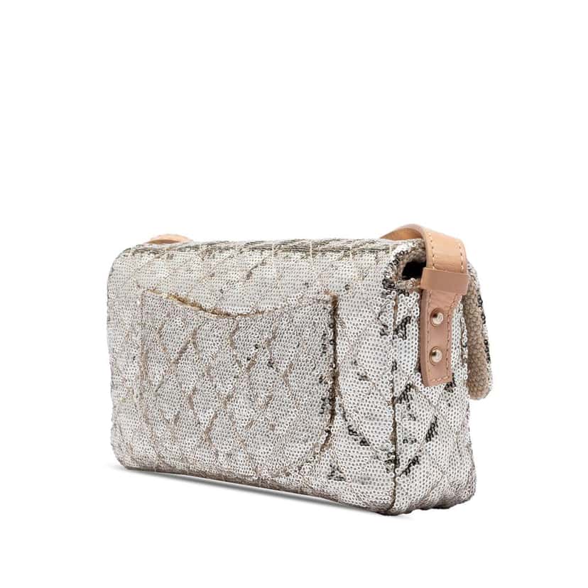 Chanel Quilted Sequined Raffia Easy Reissue 2.55 Single Flap 225 Silver Good condition - Back View