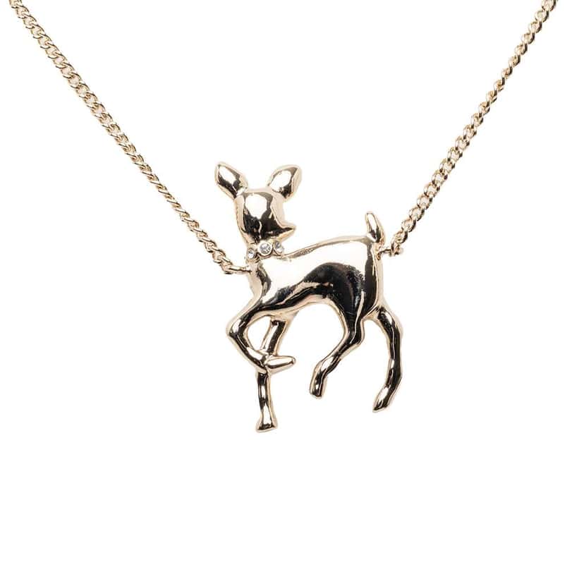 Chanel CC Gold Plated Rhinestone Deer Pendant Necklace Gold Metal Very good condition - Back View