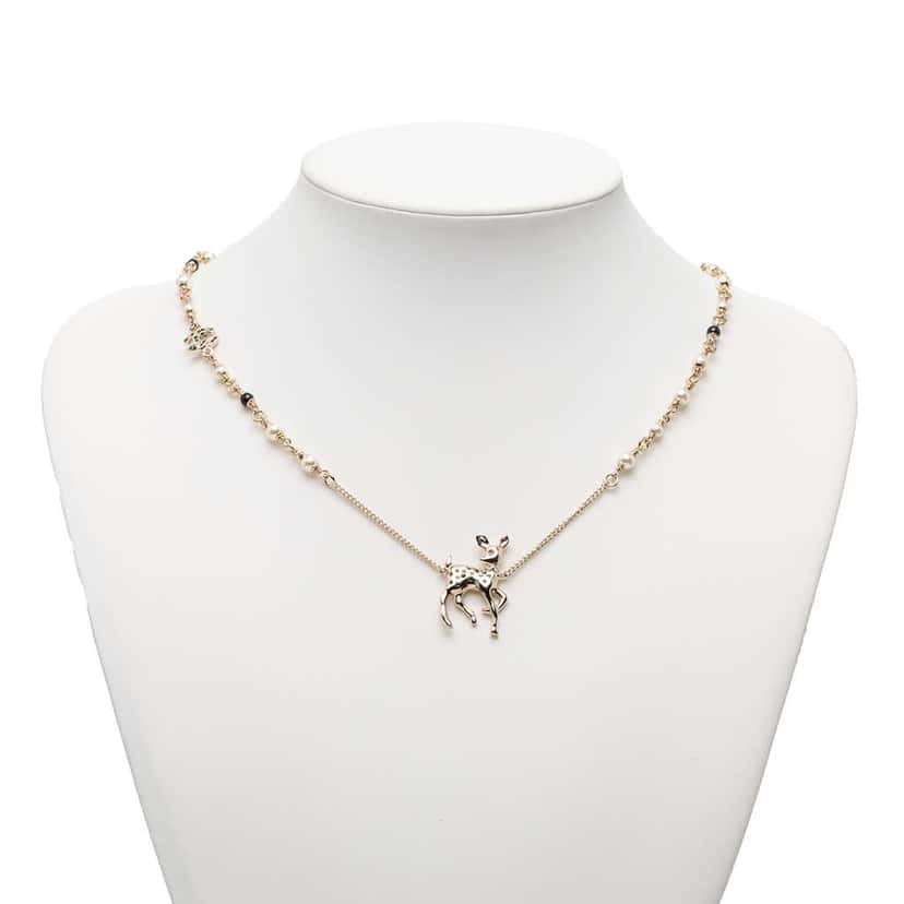 Chanel CC Gold Plated Rhinestone Deer Pendant Necklace Gold Metal Very good condition - Model View