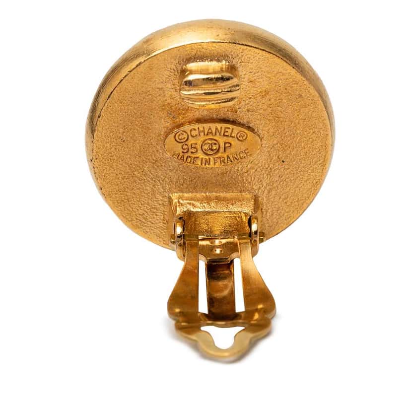 Chanel Gold Plated Faux Pearl Logo Round Clip On Earrings Gold Metal Very good condition - Inside View