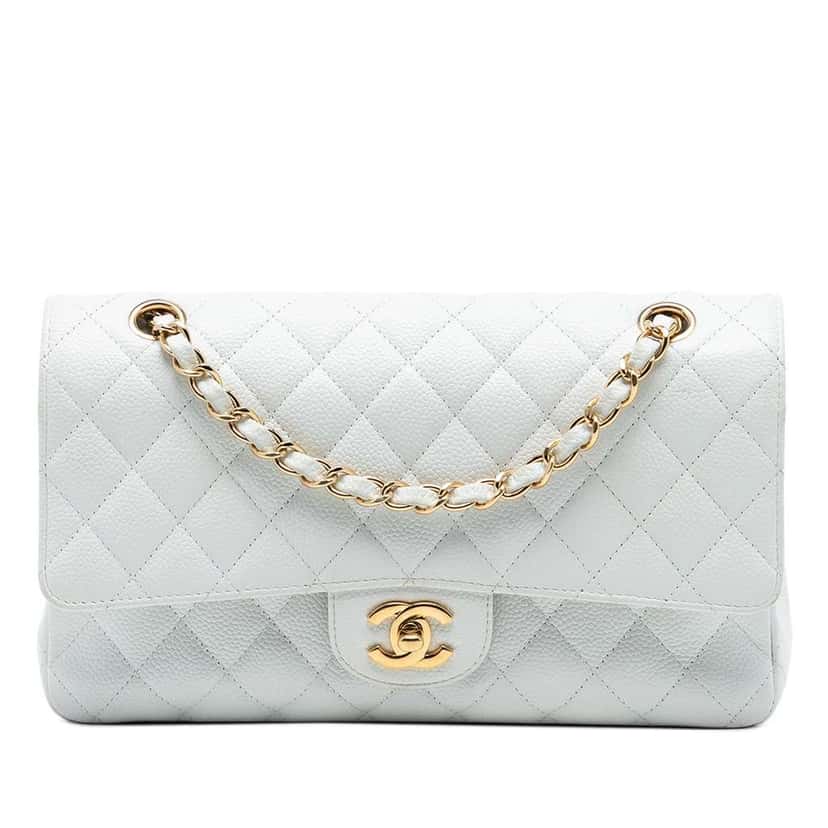Chanel Medium Classic Caviar Double Flap White Leather Very good condition - Front View