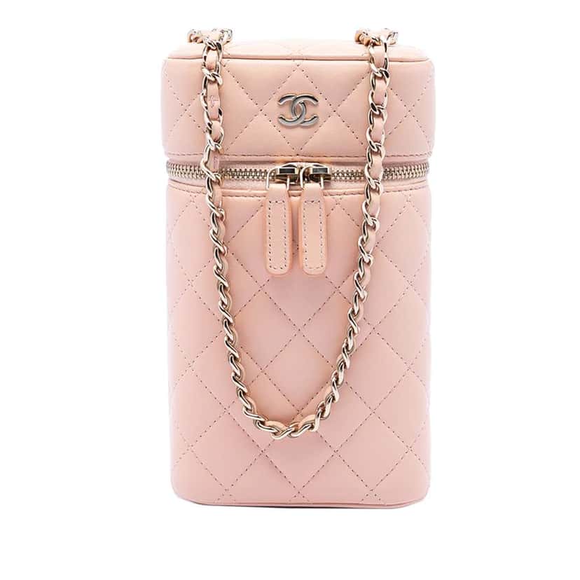 Chanel CC Quilted Lambskin Phone Holder with Chain Pink Leather Very good condition - Front View