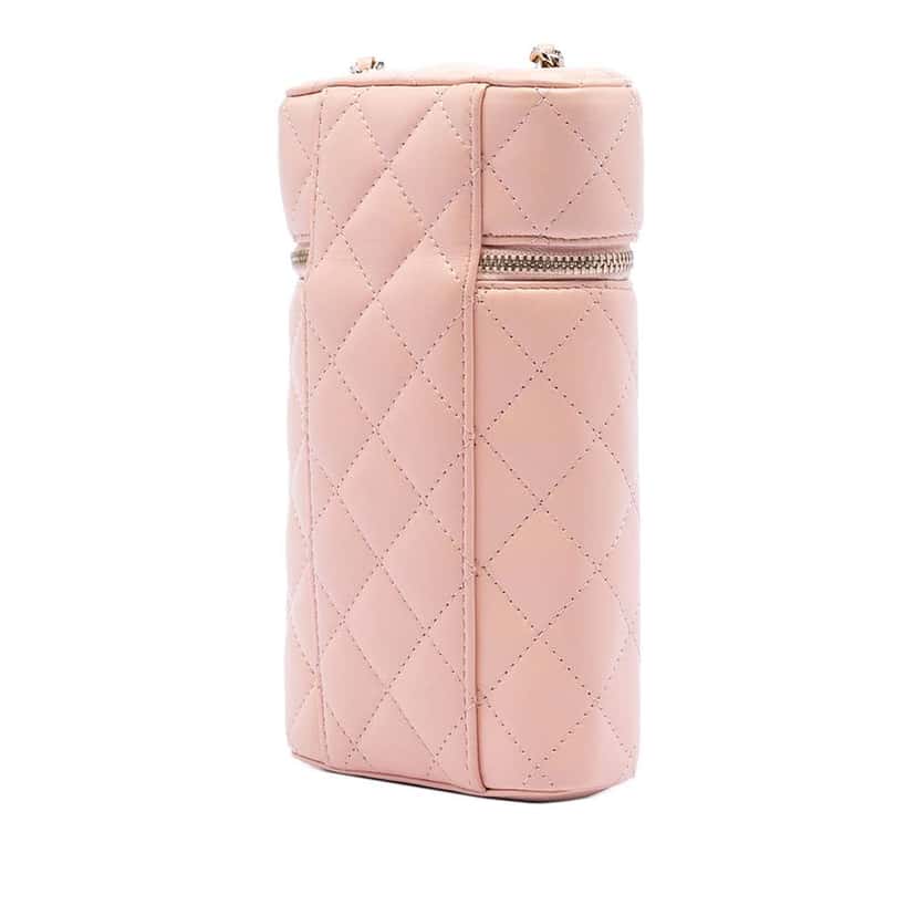 Chanel CC Quilted Lambskin Phone Holder with Chain Pink Leather Very good condition - Back View