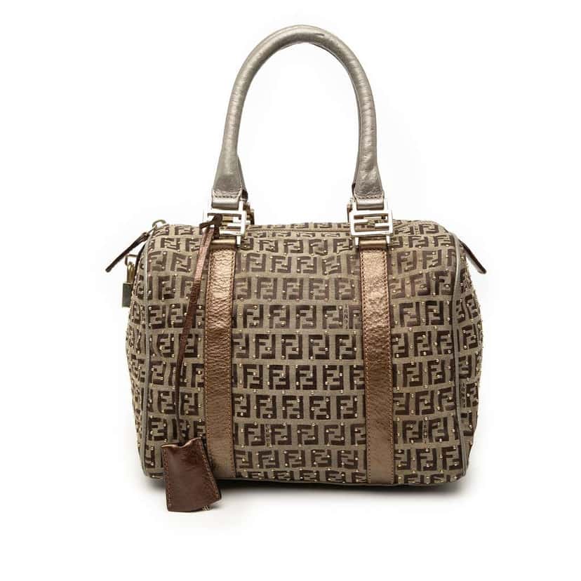 Fendi Studded Zucchino Canvas Boston Bag Brown Canvas Good condition - Front View