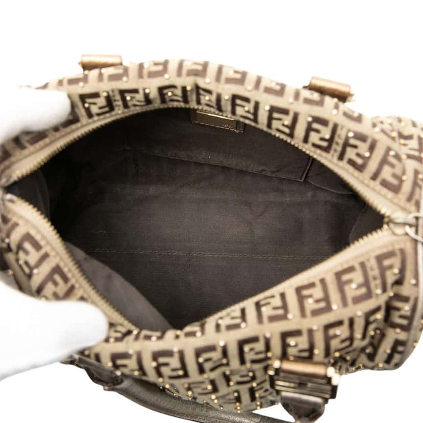 Fendi Studded Zucchino Canvas Boston Bag Brown Canvas Good condition - Model View