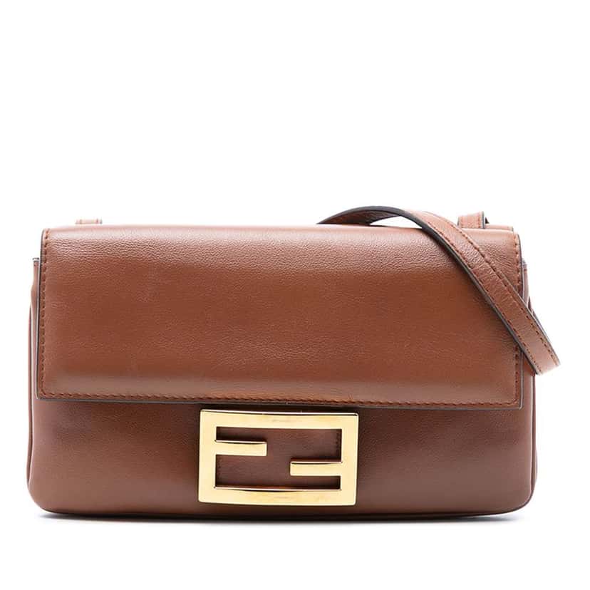 Fendi Leather Duo Baguette Crossbody Brown Leather Very good condition - Front View