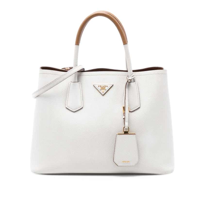 Prada Medium Bicolor Saffiano Cuir Double Satchel White Leather Very good condition - Front View