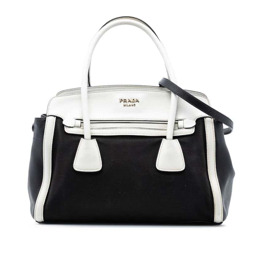 Prada Bicolor Saffiano Cuir Trimmed Canvas Satchel Black Canvas Very good condition - Front View